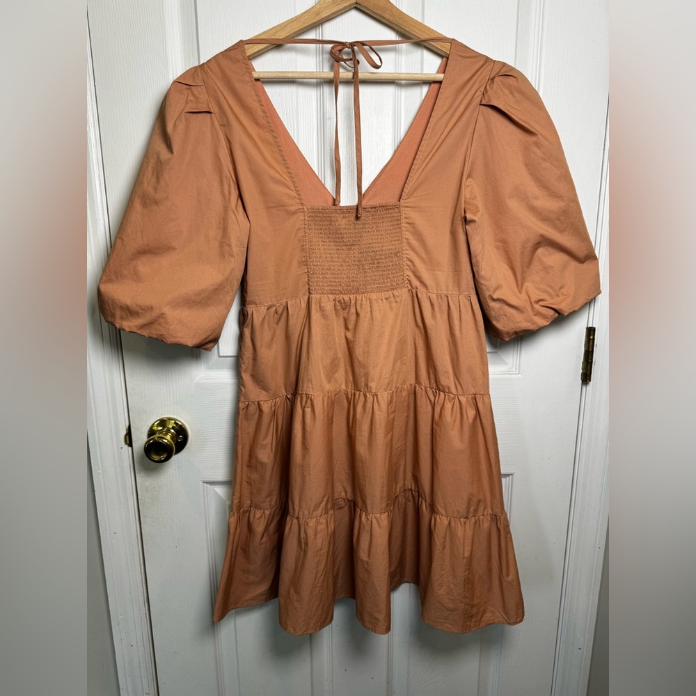 Intermix Twist Front Tiered Mini Dress Puff Sleeve 100% Cotton Tan Size 8 - Picture 12 of 12